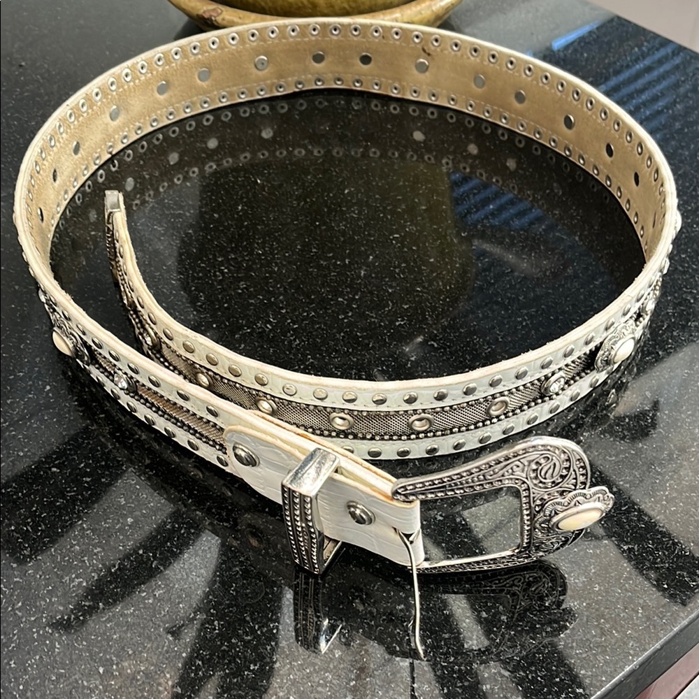 White and Silver Textured Leather Belt with Perforated Design